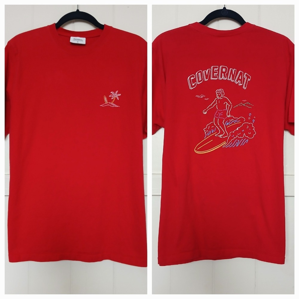 Covernat Surfer Graphic Logo T Shirt‎ Tee Mens L Cotton Red Short Sleeve